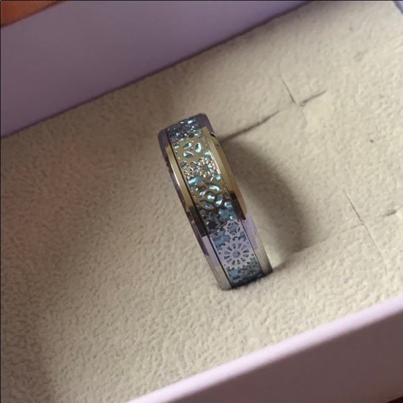 8mm Tungsten Carbide Gear Wheel Blue Carbon Fiber Inlay Mens Ring - Picture 10 of 11